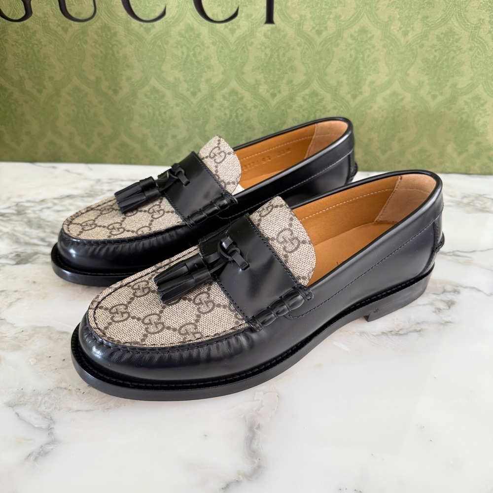 NWT Gucci 673817 Mens GG Logo Leather Loafers Shoes Black/Beige Gucci 5.5 - Picture 3 of 9